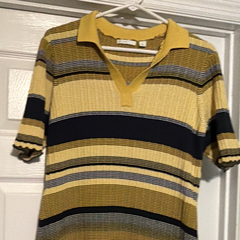 Women's XL Striped Knit Collared Short Sleeve Sweater Dress Yellow Stripes Dress - Picture 2 of 10